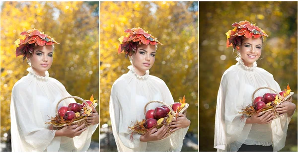 Beautiful creative makeup and hair style in outdoor shoot. Beauty Fashion Model Girl with Autumnal Make up and Hair. Fall. Beautiful fashionable girl with leaves in hair holding a basket with apples.