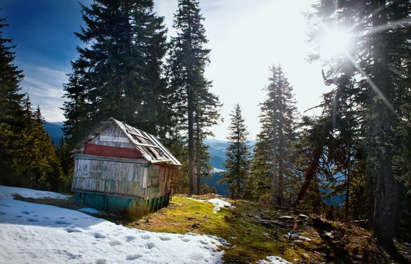 Old wooden cottage in the woods. Majestic sunset in the mountains landscape. Sunset landscape in Carpathian mountains. Dawn in mountains Carpathians, Romania. Mountains covered with snow