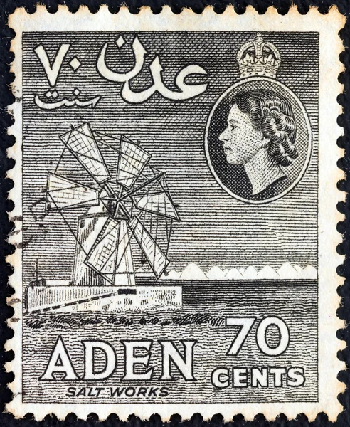 ADEN COLONY - CIRCA 1953: A stamp printed in United Kingdom shows Salt Works and Queen Elizabeth II, circa 1953.