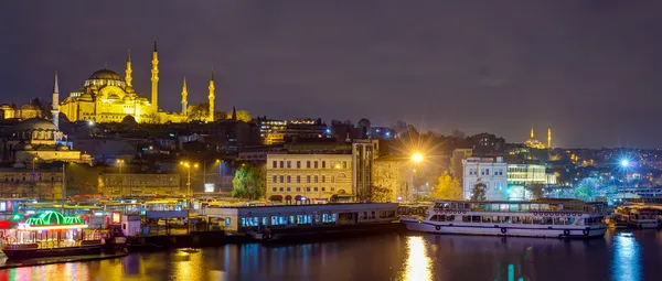 Panoramic view of Eminonu at night with Suleymaniye Mosque, Istanbul, Turkey