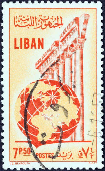 LEBANON - CIRCA 1955: A stamp printed in Lebanon shows Temple of Jupiter, Baalbek and globe, circa 1955.