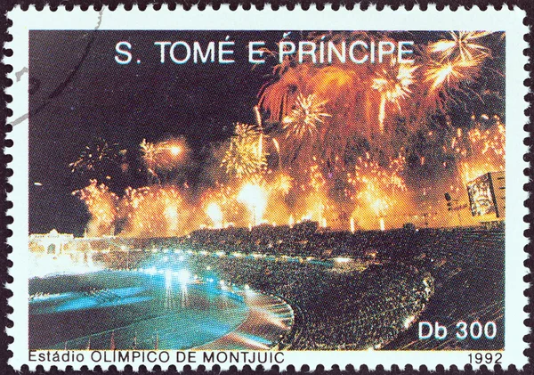 SAO TOME AND PRINCIPE - CIRCA 1992: A stamp printed in Sao Tome and Principe shows Opening ceremony, summer Olympic games, Barcelona, circa 1992.