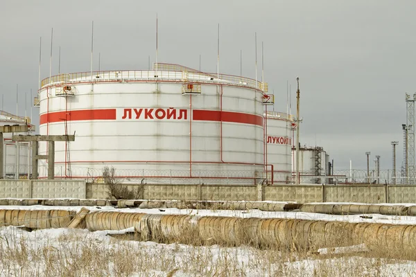 Storage of light petroleum products on the territory of the refinery, with the inscription LUKOIL