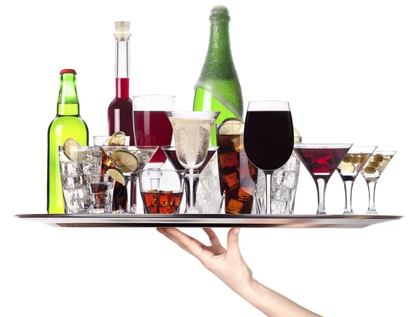 Different alcohol drinks on a tray