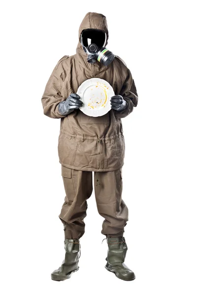 Man in Hazard Suit with a dirty dish