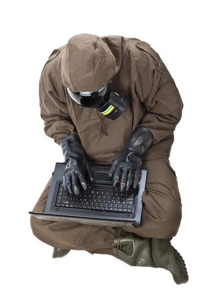 Man in Hazard Suit browsing the internet