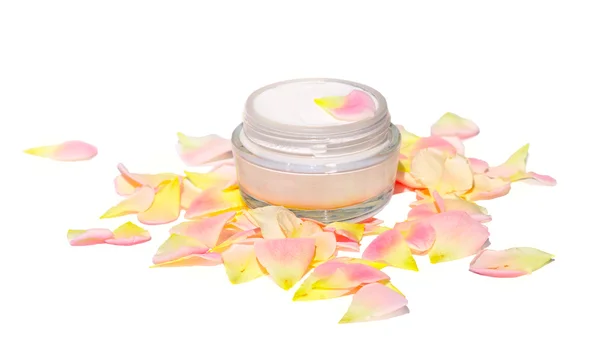 Cream Cosmetic Skin Care Beauty Organic with rose-leaf bio natural isolated on white background