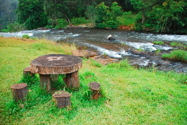 Picnic wood table next to river