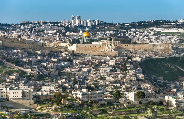 Panorama from Mount of Olives with the Dome of the rock and the old city walls in Jerusalem
