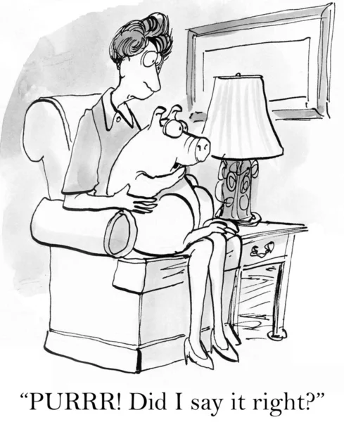 Cartoon illustration. Woman holding a pig on her hands