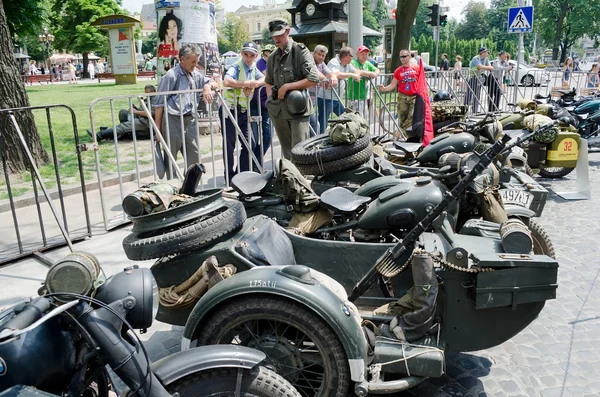 Retro motorcycles close-up on display outdoors in Lvov