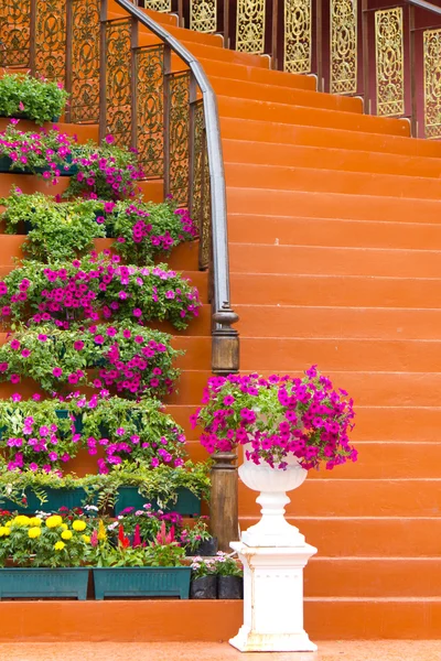 Marble stairs with wooden railing and flowers