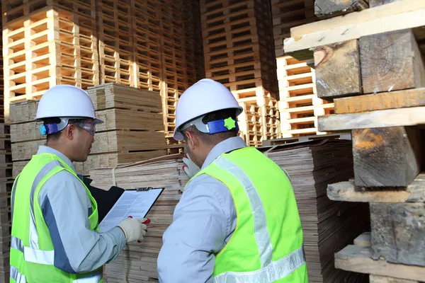 Two workers talking beside on stacking pallet