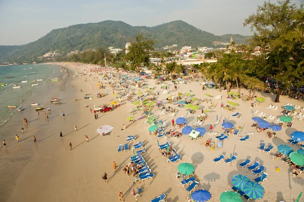 Chairs and umbrella at the Patong beach from bird eye\'s view, Ph