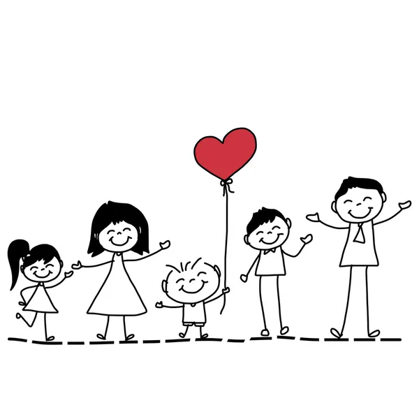 Hand drawing cartoon of  happy family with red heart