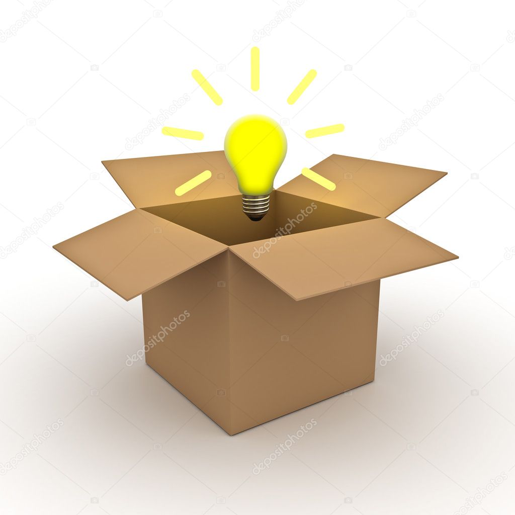 Denken buiten de box concept, idee lamp buiten kartonnen doos ...