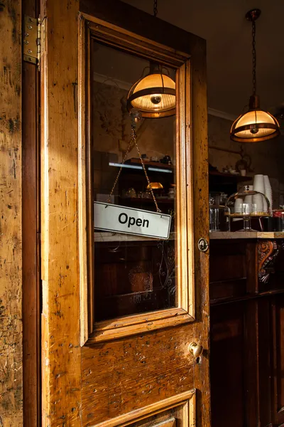 Funky Wood Cafe Door Open with Open Sign