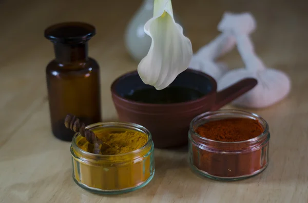 Turmeric and cayenne spices poultice boluses used in Ayurveda massage