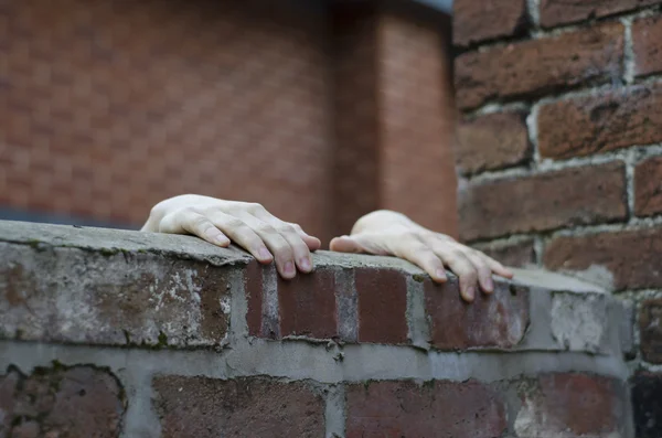 Someones hands gripping on to the top of a wall