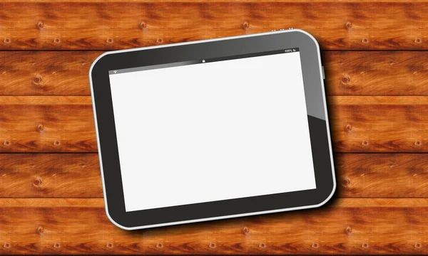 Tablet pc on red wood boards