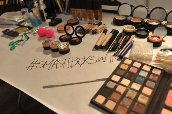 Smashbox cosmetics products for the show at the Agua Di Lara 2014 Collection backstage during Mercedes-Benz Swim Fashion Week