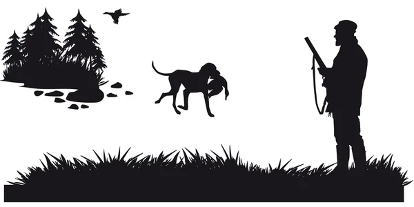 Hunter with dog hunting animals in the forest - black and white silhouette