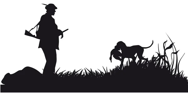 Hunter with dog hunting animals in the forest - black and white silhouette