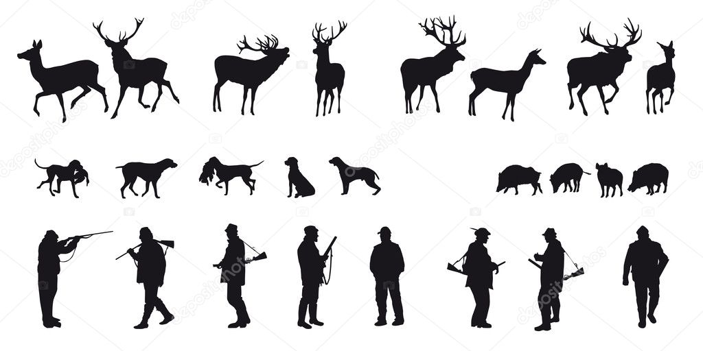 Hunter with dog hunting animals in the forest black and white silhouette — Stock Vector