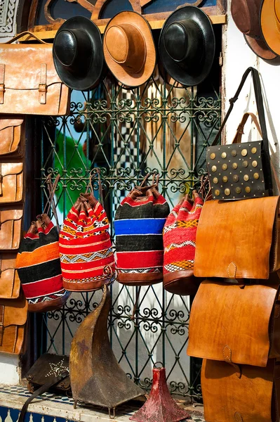 Bags, purses, hats and other products of the Moroccan leather factories