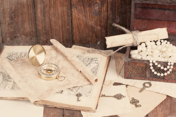 Treasure chest, compass and old map