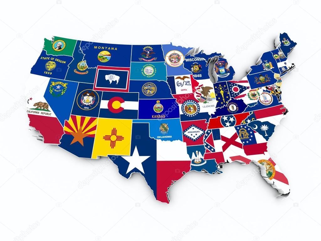 3d Map Usa States USA state flags on 3d map  Stock Image