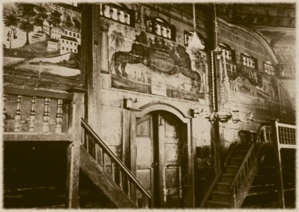 Retro photo of interior of old wooden synagogue in Grojec, Poland, early 19th century AD