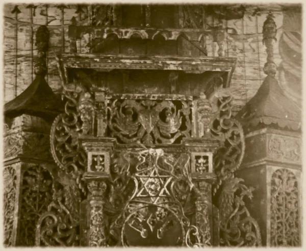 Retro photo of interior of old wooden synagogue in Wolpa, Lithuania, early 18th century AD