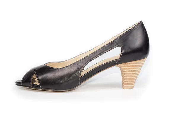 Womans open toed black court shoe