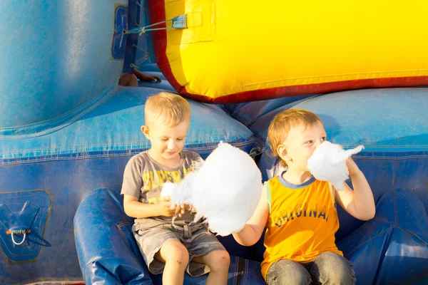 Young boys happily sharing a large cotton-candy