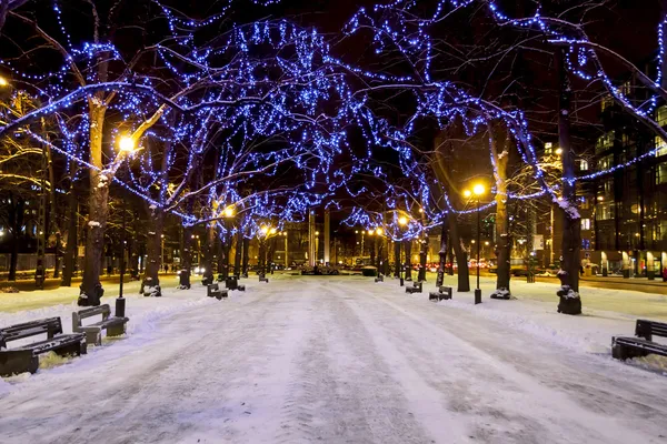 Snowy avenue and christmas lights