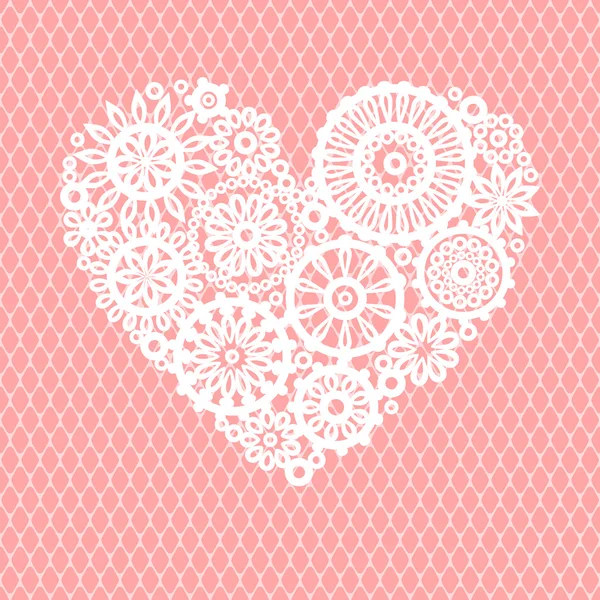 White crochet lace flowers heart on pink mesh romantic greeting card, vector background