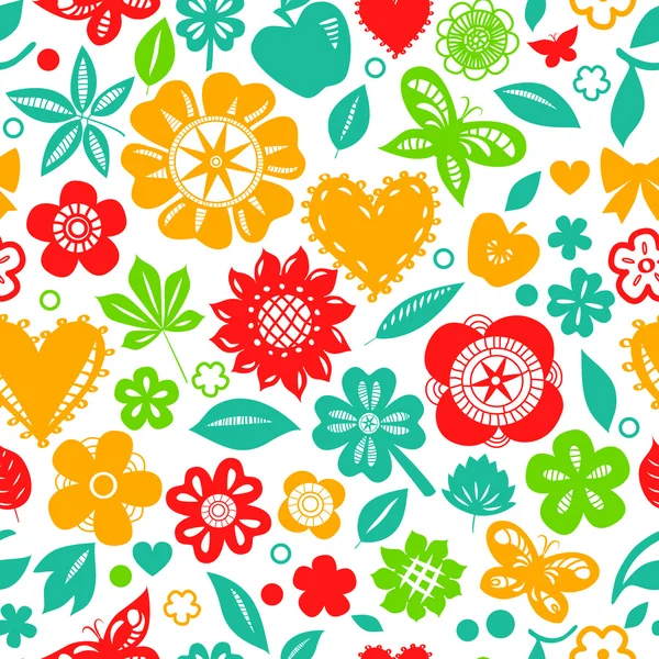 Colorful flowers leaves and hearts spring seamless pattern on white, vector