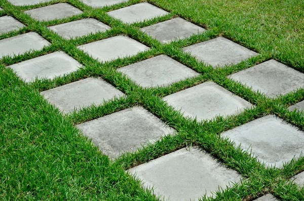 Stepping stones in green lawn