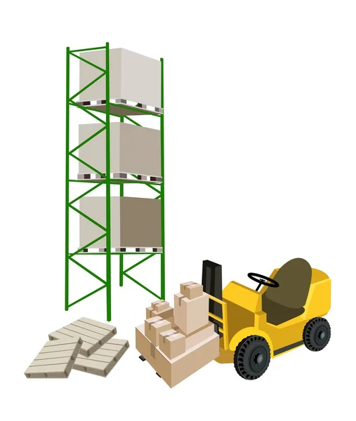 Forklift Truck Loading A Shipping Box in Warehouse