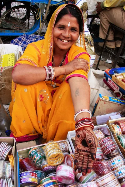 Indian woman showing henna painting, Sadar Market, Jodhpur, Indi