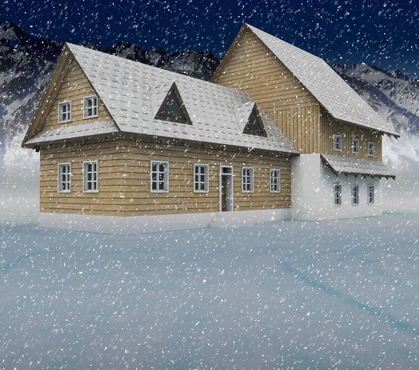 Seasonal mountain cottage at night snowfall