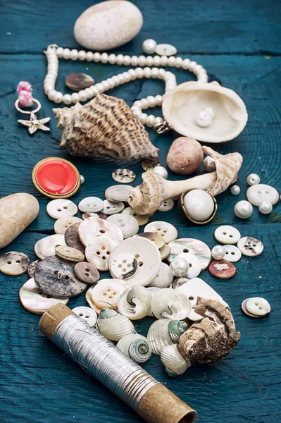 Seashells and sewing supplies