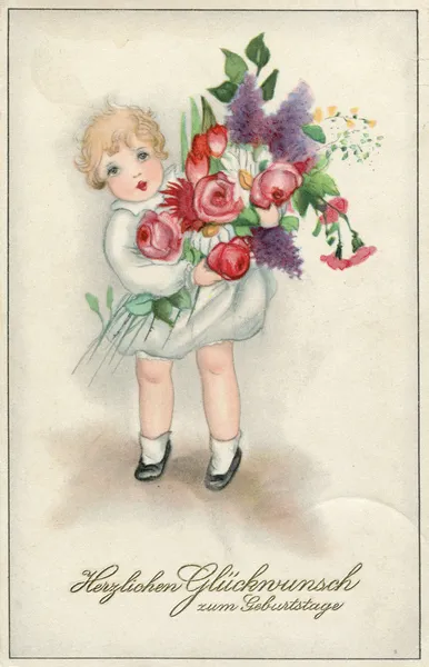 GERMANY - CIRCA 1929: Reproduction of an old postcard, shows a little girl with flowers, circa 1929. German text: I heartily congratulate you with Happy Birthday.