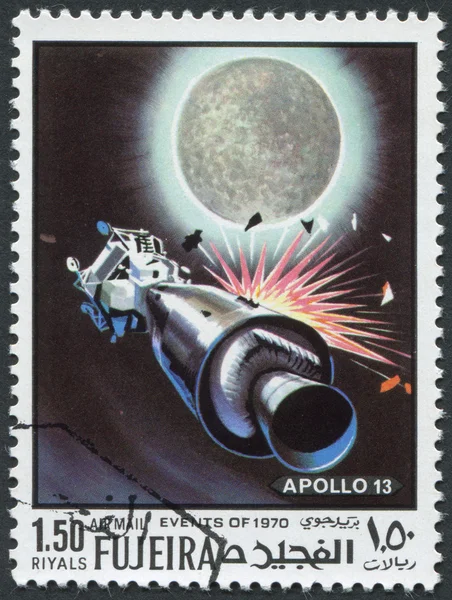 FUJEIRA - CIRCA 1970: A stamp printed in the Fujeira, shows the mission the spacecraft Apollo-13, circa 1970 — Stock Photo #12086661