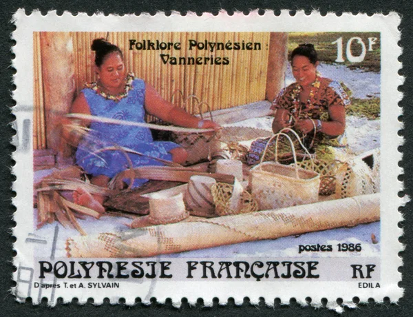 FRENCH POLYNESIA - CIRCA 1986: Postage stamps printed in French Polynesia, depicts a woman weaving a basket weaving, circa 1986