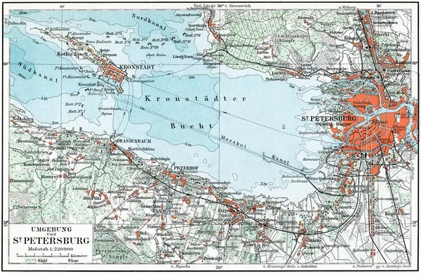 GERMANY - CIRCA 1910: Map of St. Petersburg and the surrounding area, Kronstadt and the Gulf of Finland. Publication of the book \