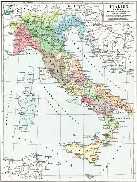 Map of Italy, the time of Emperor Augustus. Publication of the book \
