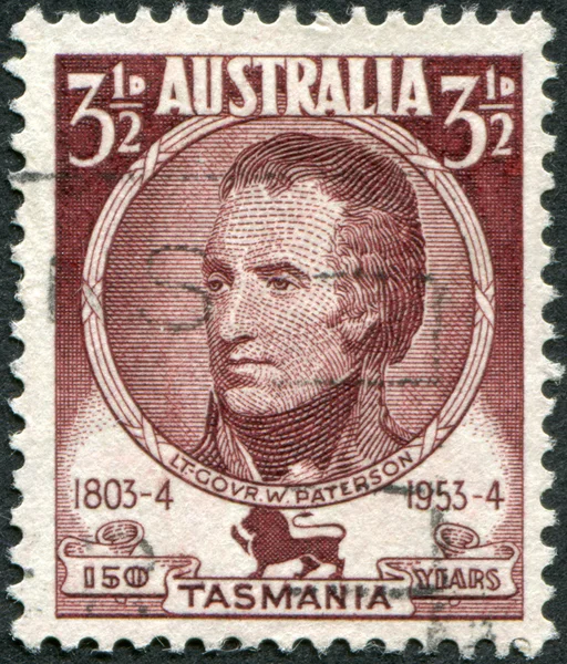 A stamp printed in Australia, shows the 1st Lieutenant Governor of Northern Van Diemen\'s Land, William Paterson, circa 1953