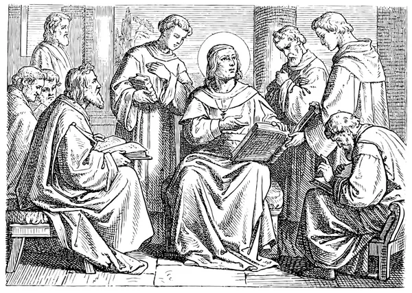 Old engravings. Depicts Augustine of Hippo, church school.